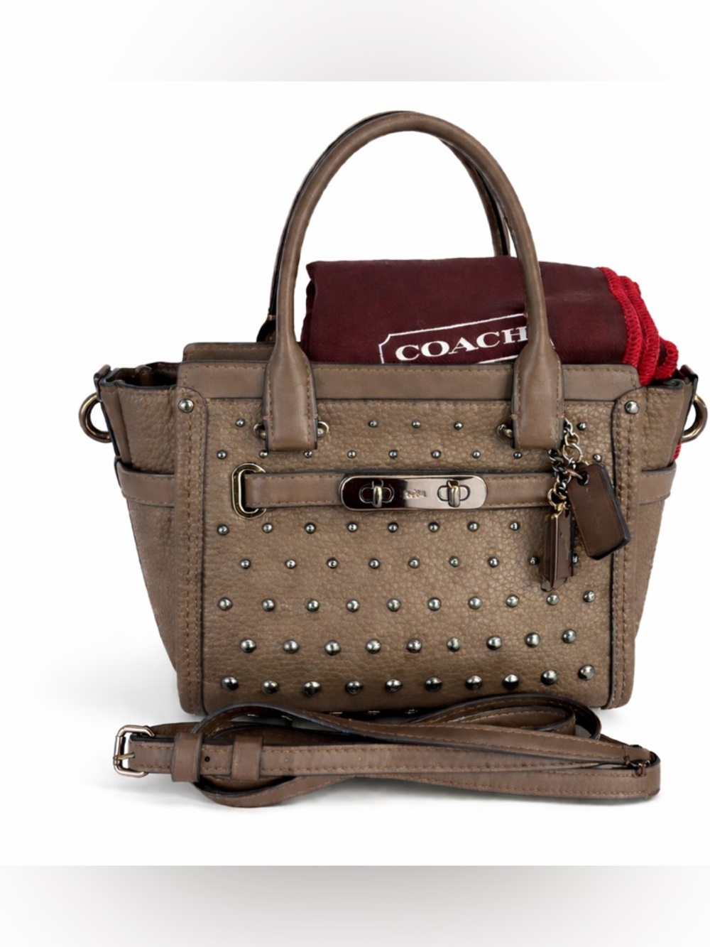 COACH Olive/Taupe Studded Leather Satchel with Removable Strap